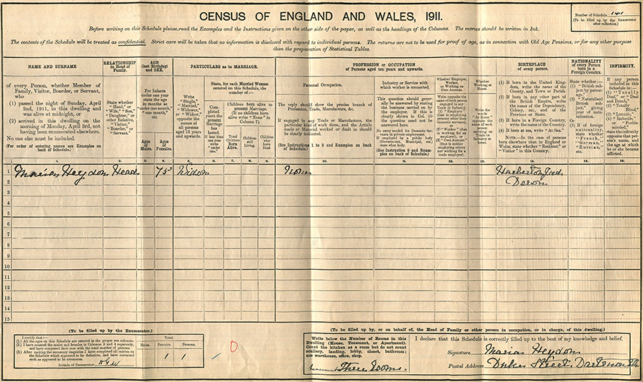 Maria Heydon in the 1911 English census.