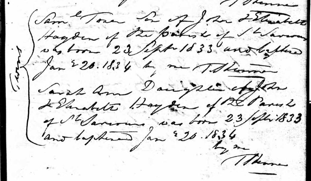 Samuel Heydon's baptismal record